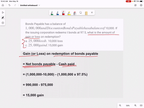 bonds-payable-has-a-balance-of-1000000-and-discount-on-bonds-payable-has-a-balance-of-10000-if-the-issuing-corporation-redeems-t-bonds-at-975-what-is-the-amount-of-gain-or-loss-on-redemption-79655