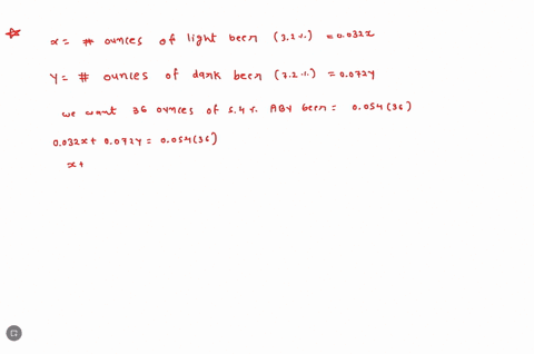 you-decide-to-mix-some-32-abv-alcohol-by-volume-light-beer-with-some-29-abv-dark-beer-to-create-36-ounces-of-540-abv-beer-how-much-of-each-type-should-you-mix-together-express-your-answer-as-59188