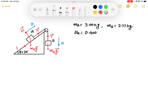 two-blocks-are-connected-by-a-string-that-goes-over-an-ideal-pulley-as-shown-in-the-figure-block-a-has-mass-of-300-kg-and-can-slide-over-rough-plane-inclined-3009-to-the-horizontal-the-coeff-14128