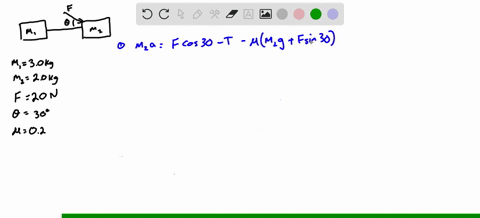 as-given-in-the-figure-below-block-1-of-mass-m13-kg-and-block-2-of-mass-m22-kg-are-connected-by-a-string-of-negligible-mass-block-2-is-pushed-by-force-f-of-magnitude-20-n-and-angle-30-the-co-75332