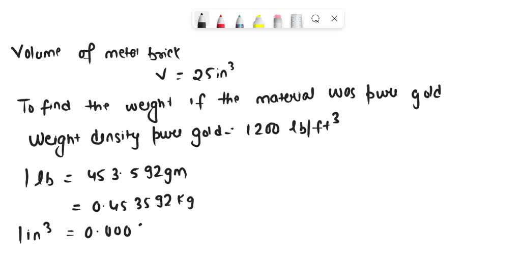 SOLVED: A metal brick has a volume of 25 in3. What would its weight be ...