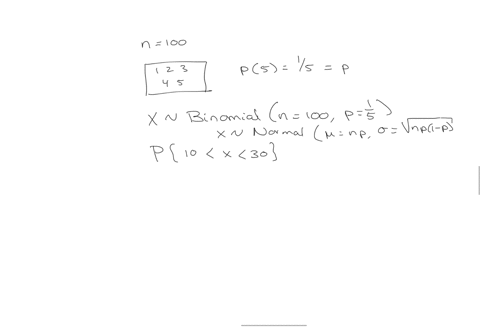 one-hundred-draws-are-made-at-random-with-replacement-from-a-box-with-the-numbers-1-2-3-4-5-what-is-the-chance-of-getting-between-10-and-30-tickets-marked-5