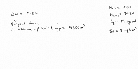 a-piece-of-gold-alminium-alloy-weighs-49n-when-suspended-from-a-spring-balance-and-submerged-in-water-it-weighs-392n-what-is-the-weight-of-gold-in-the-alloy-if-the-specific-gravity-of-gold-i-17693
