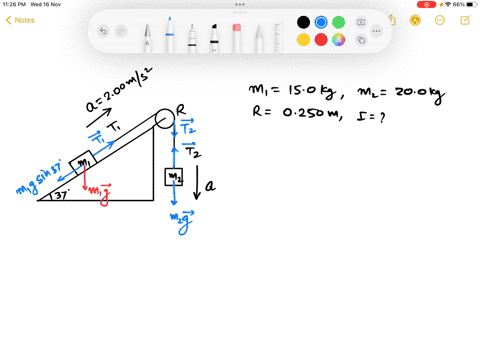 two-blocks-as-shown-in-the-figure-are-connected-by-a-cord-of-negligible-mass-that-passes-over-a-pulley-with-radius-0250-m-and-moment-of-inertia-i-the-block-on-the-frictionless-inclined-plane-35126