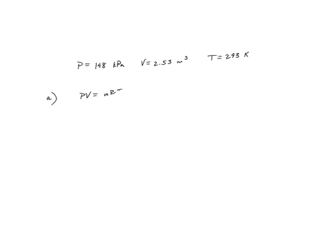 an-ideal-gas-at-20c-and-a-pressure-of-148105-pa-occupies-a-volume-of-253-m3-let-r-8314-jk-mol-a-how-many-moles-of-gas-are-present-b-if-the-volume-is-raised-to-406-m3-and-the-temperature-raised-to-289c