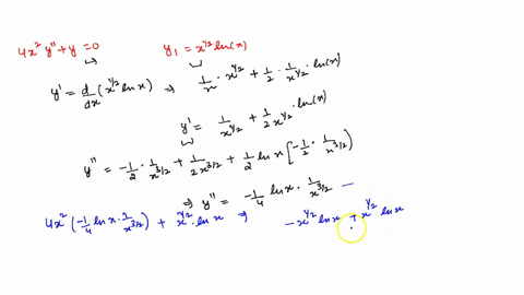 verify-the-y1-x12lnx-is-a-solution-to-4x2yy-0-and-then-use-order-of-reduction-to-find-second-solution-y2-please-show-all-your-work-and-add-an-explanation-if-possible-04911