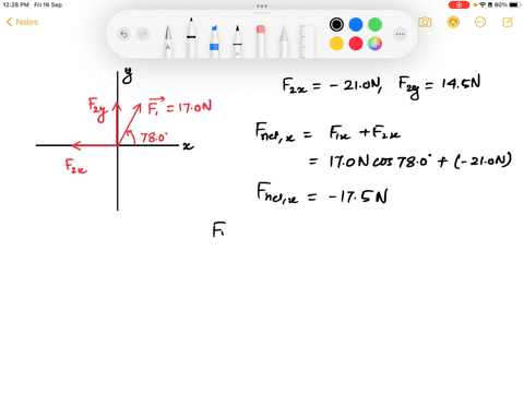 two-forces-act-on-an-object-the-first-force-has-magnitude-of-170-nand-is-oriented-780-counterclockwise-from-the-tx-axis-whereas-the-second-force-has-x-and-y-components-210-n145-n-express-the-25222
