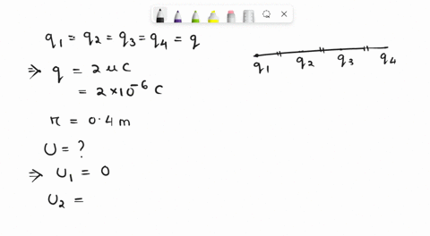 four-identical-charges-20-c-each-are-brought-from-infinity-and-fixed-to-a-straight-line-the-charges-are-located-040-m-apart-determine-the-electric-potential-energy-of-this-group-78352