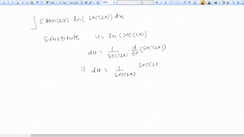 use-substitution-to-find-an-indefinite-integral-involving-logarithmic-functions-and-trigonometric-functions-question-evaluate-the-indefinite-integral-given-below-5tan-2-ln-sec-2x-dx-provide-91368