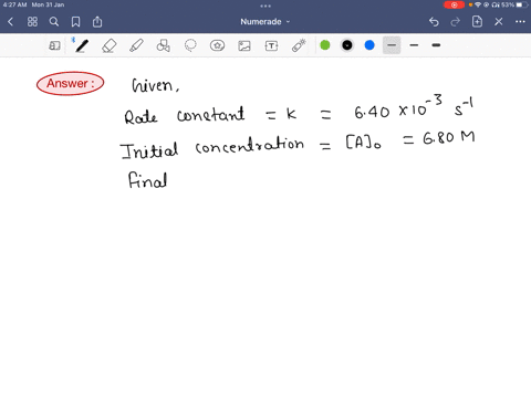 the-decomposition-of-hydrogen-peroxide-follows-first-order-reaction-kinetics-with-a-rate-constant-k-640-x-10-3-s-1-2-h2o2aq-2-h2ol-o2g-if-the-reaction-starts-with-an-h2o2-concentration-of-68-91893