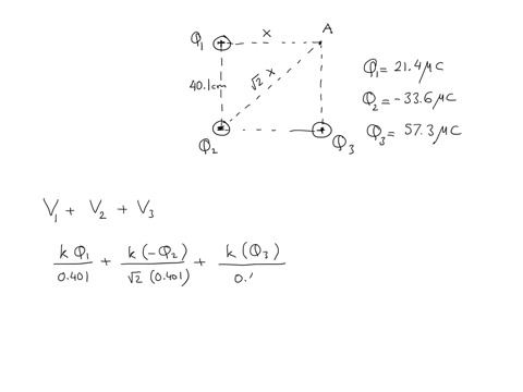 three-point-charges-q_1-214-c-q_2-336-c-and-q_3-573-c-are-arranged-on-the-corners-of-a-square-side-length-401-cm-as-shown-in-the-figure-calculate-the-electric-potential-v-at-point-a