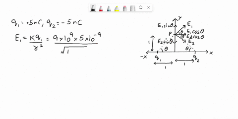 two-point-charges-lie-along-the-x-axis-q15nc-and-q2-5nc-q1-is-located-at-x-1m-and-q2-is-located-at-x1m-a-what-is-the-magnitude-and-direction-of-the-net-electric-filed-at-point-p-located-y1m-77624