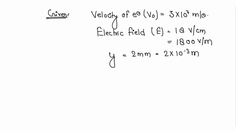 a-stream-of-electrons-moving-with-a-velocity-of-3-x-107-ms-is-deflected-by-2mm-in-traversing-a-distance-of-01m-in-a-uniform-electric-field-of-strength-18-vcm-determine-em-of-electrons