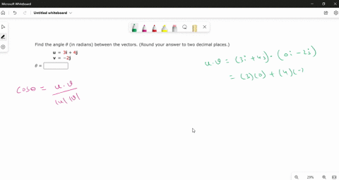 find-the-angle-in-radians-between-the-vectors-round-your-answer-to-two-decimal-places