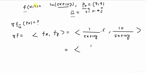 find-the-derivative-of-the-function-at-p0-in-the-direction-of-u-fx-y-ln5x-10y-p07-9-u-2i-4j-77848