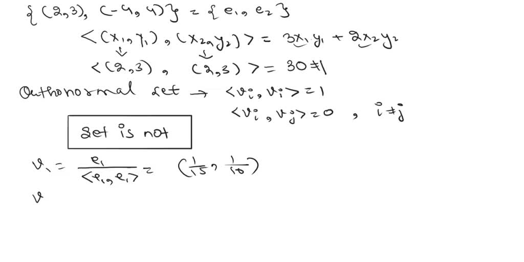 Consider the inner product ((x1, y1), (x2, y2)) = 3x1y1 + 2x2y2 on R2 ...