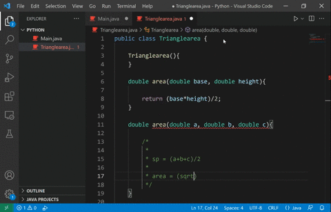 write-a-class-trianglearea-that-contains-the-overloaded-methods-areaone-that-accepts-the-base-and-the-height-of-a-triangle-as-a-parameterthe-other-area-method-accepts-the-length-of-three-sid-14312