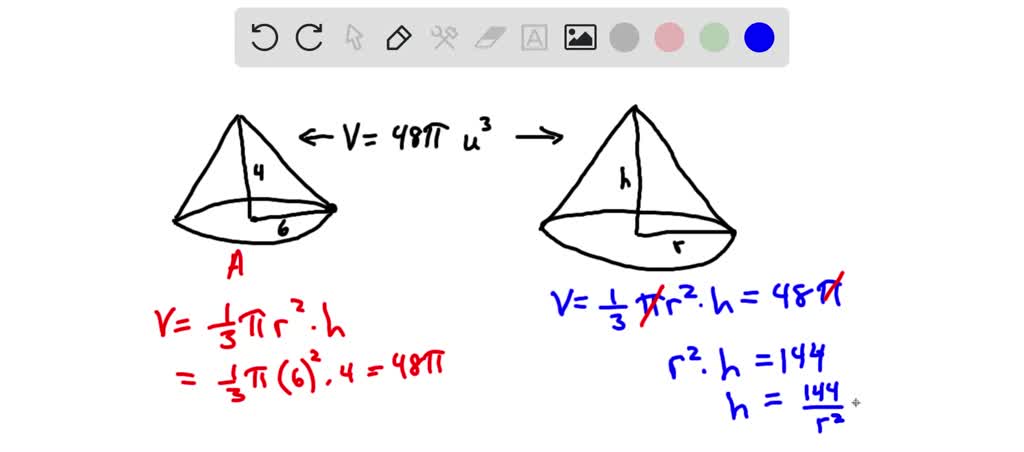 SOLVED: Cones A and B both have a volume of 48Ï€ cubic units, but they ...