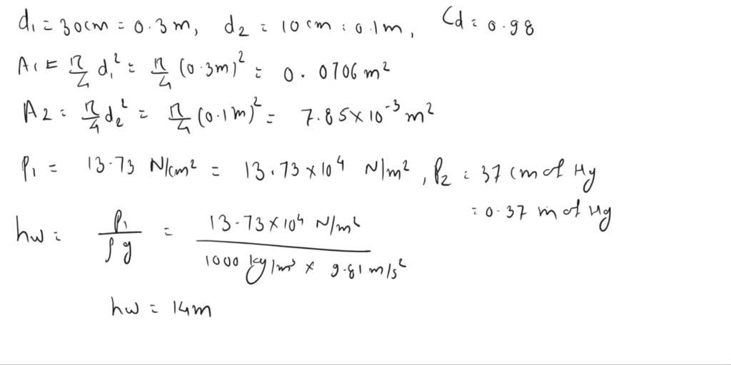 The inlet and throat diameter of horizontal venturimeter are 30cm and ...