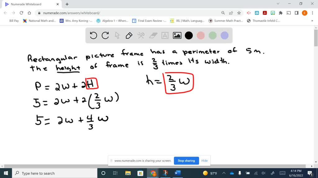 SOLVED A rectangular picture frame has a perimeter of 5 meters. The height of the frame is 2/3