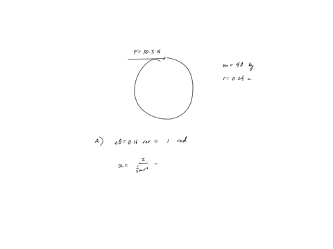 a-uniform-disk-with-mass-400-kg-and-radius-0240-m-is-pivoted-at-its-center-about-a-horizontal-frictionless-axle-that-is-stationary-the-disk-is-initially-at-rest-and-then-a-constant-force-305-28913