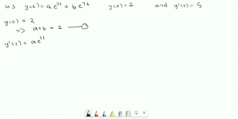 the-solution-of-a-certain-differential-equation-is-of-the-form-yt-aet-be7t-where-a-and-b-are-constants-the-solution-has-initial-conditions-y0-2-and-y-0-5-find-the-solution-by-using-the-initi-74347