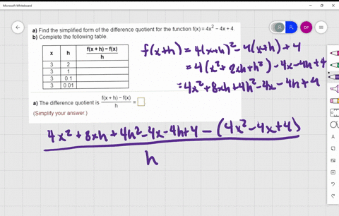 a-find-the-simplified-form-of-the-difference-quotient-for-the-function-fx-4x2-_-4x4-b-complete-the-following-table-fx-h-flx-fx-h-fx-a-the-difference-quotient-is-simplify-your-answer-43459