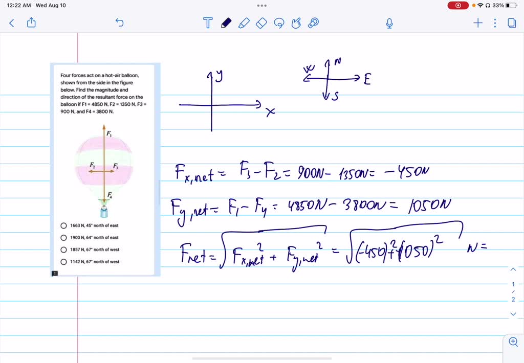 SOLVED Four forces act on a hotair balloon; shown from the side in