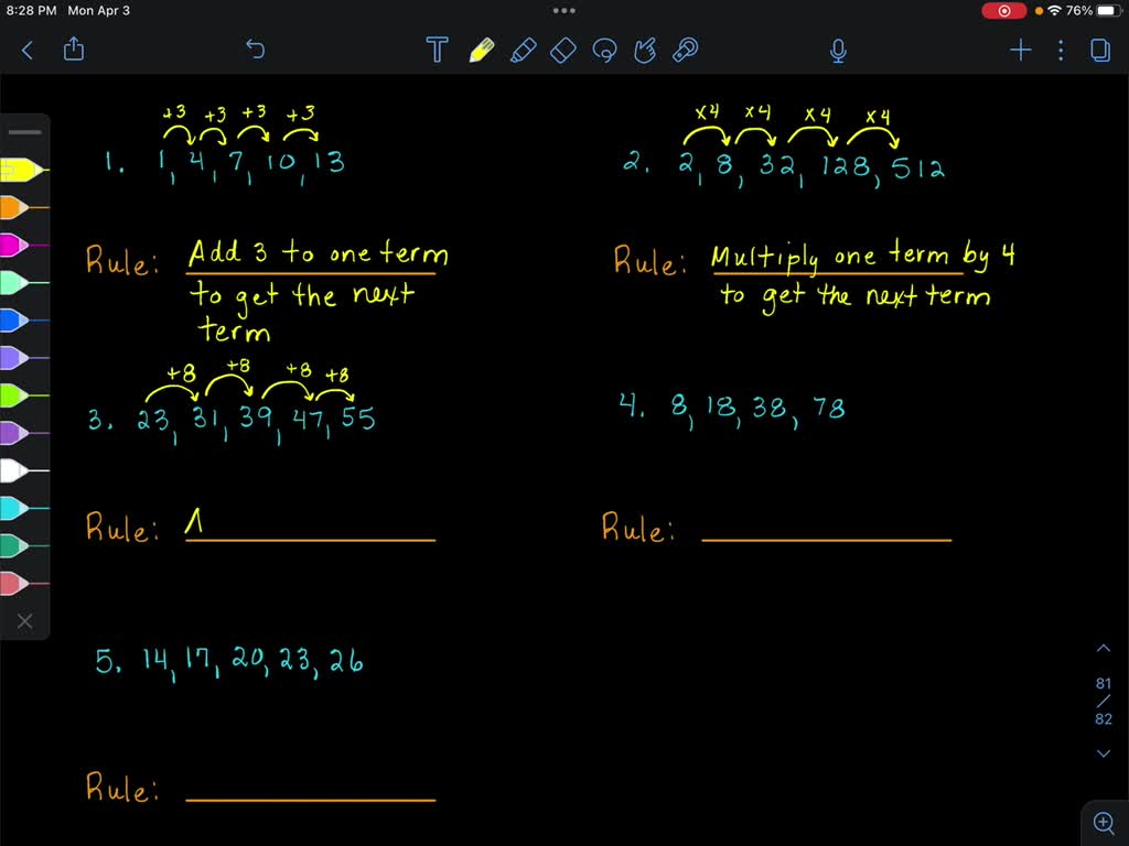 SOLVED: sequences: B. Give the pattern rule of the following 1,4,7,10 ...