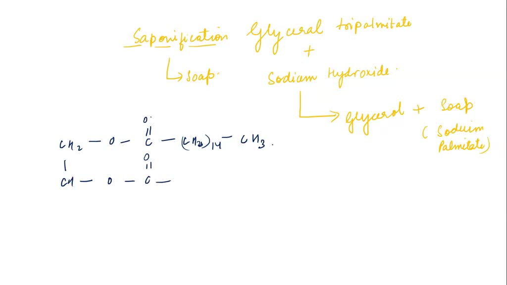 1. Write the reaction for the saponification of glyceryl tripalmitate