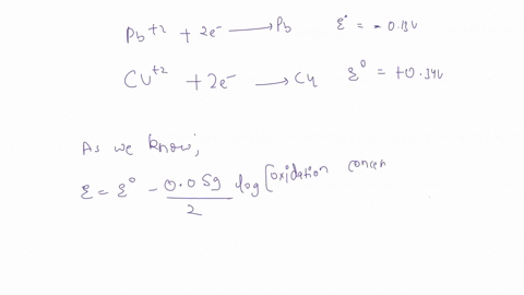a-cell-is-set-up-with-copper-and-lead-electrodes-in-contact-with-cuso4aq-and-pbno32aq-respectively-at-25c-the-standard-reduction-potentials-are-pb2-2e-pb-013-vcu2-2e-cu-034-v-if-the-pb2-and-03368