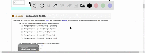 points-larcaapcalc2-12012_-write-an-equation-that-represents-the-verbal-description-use-for-the-price-of-the-food-processor-a-food-processor-is-marked-down-60-to-105_-42-viewing-saved-work-r-30626