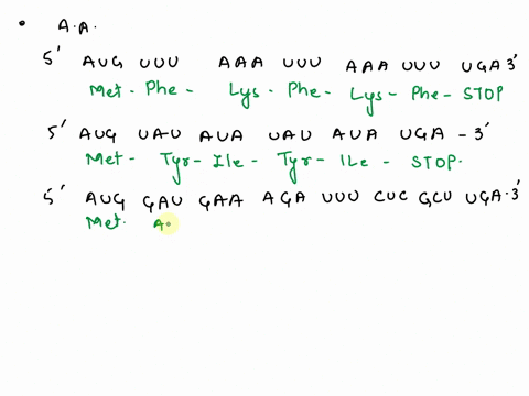 using-the-codon-table-give-the-amino-acids-specified-by-the-following-mrna-sequences-and-indicate-the-amino-and-carboxyl-ends-of-the-polypeptide-produced-a-5aug-uuu-aaa-uuu-aaa-uuu-uga3-b-5a-79666