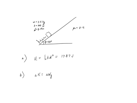 a-block-of-mass-m-35-kg-is-attached-to-a-spring-with-spring-constant-k-990-nm-it-is-initially-at-rest-on-an-inclined-plane-that-is-at-an-angle-of-22-with-respect-to-the-horizontal-and-the-co-43783