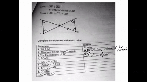 given-ad-be-c-is-the-midpoint-of-ae-prove-ac-cb-ad-civen-ad-be-gis-the-iniclpoint-of-ae-prore-ac-cb-ad-complete-the-statement-and-reason-below-reason-statement-1-ad-ibe-2-alterate-interior-a-92383