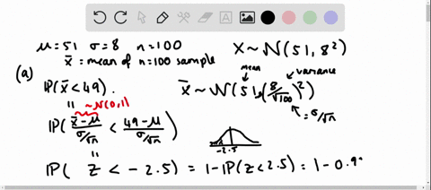 given-a-normal-distribution-with-p-51-and-0-8-and-given-you-select-a-sample-of-n-100-complete-parts-a-through-d-a-what-is-the-probability-that-x-is-less-than-49-px-49-0061-type-an-integer-or-02247