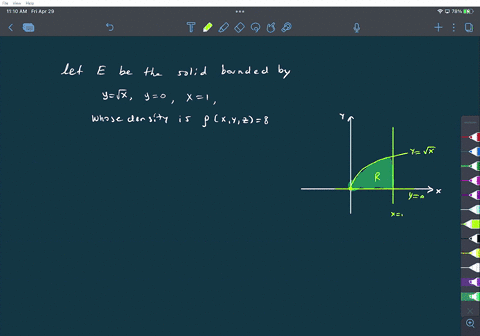 find-the-mass-and-the-center-of-mass-of-the-solid-e-with-the-given-density-function-pxyz-lies-under-the-plane-z-3-x-y-and-above-the-region-in-the-xy-plane-bounded-by-the-curves-yvxy0_-and-x1-32007