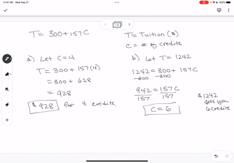 tuition-cost-t-in-dollars-for-part-time-students-at-stonewall-college-is-given-by-t-300-157c-where-represents-the-numnber-of-credits-taken-find-the-tuition-cost-for-credits-cost-b-how-many-c-54445