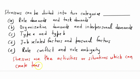 stressors-can-be-divided-into-two-categories-_________________-a-role-demands-and-task-demands-b-organization-demands-and-interpersonal-demands-c-type-a-and-type-b-d-job-related-factors-and-53259