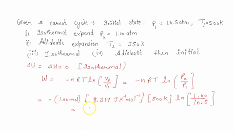 a-carnot-cycle-uses-100-mol-of-a-monoatomic-ideal-gas-as-a-working-substance-from-an-initial-state-of-105-atm-and-500-k-it-expands-isothermally-to-a-pressure-of-100-atm-step1-and-then-adiaba-87986