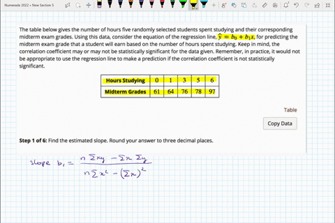 the-table-below-gives-the-number-of-hours-five-randomly-selected-students-spent-studying-and-their-corresponding-midterm-exam-grades-using-this-data-consider-the-equation-of-the-regression-l-20803