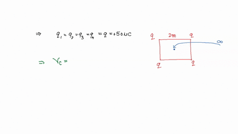 four-identical-charges-each-are-placed-one-at-each-corner-of-a-square-of-side-how-much-external-energy-is-required-to-bring-another-charge-of-from-infinity-to-the-centre-of-the-square