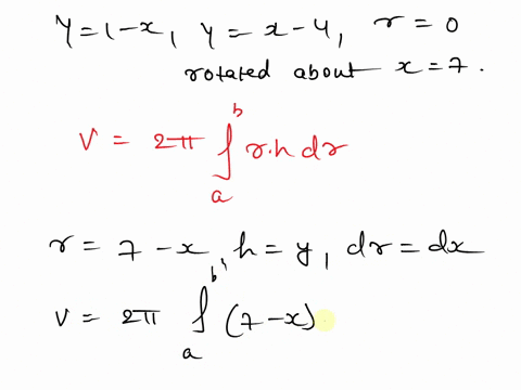 find-the-volume-of-the-solid-formed-by-revolving-the-region-bounded-by-y-1-x-y-x-4-and-x-0-about-x-7-53298