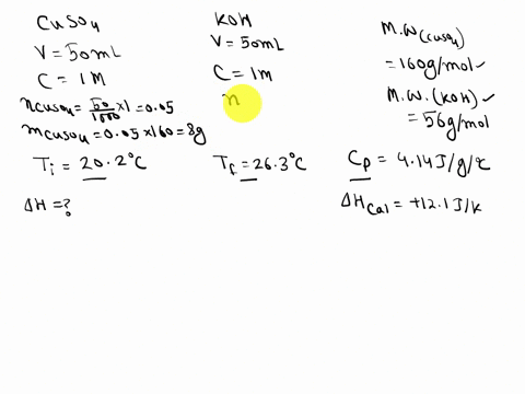 a-500-ml-sample-of-100-m-solution-of-cuso4-mixed-with-500-ml-of-200-m-koh-in-calorimeter-the-temperature-of-both-solutions-was-202-before-mixing-and-263-after-mixing-the-heat-capacity-of-the-22635