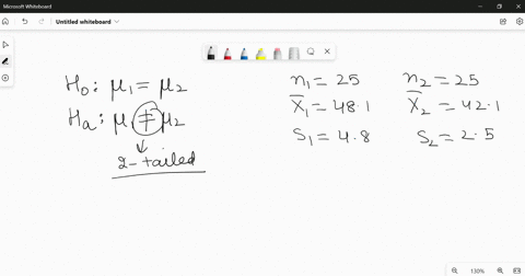 two-samples-each-of-size-25-are-taken-from-independent-populations-assumed-to-be-normally-distributed-with-equal-variances-the-first-sample-has-a-mean-of-481-and-standard-deviation-of-48-whi-86247