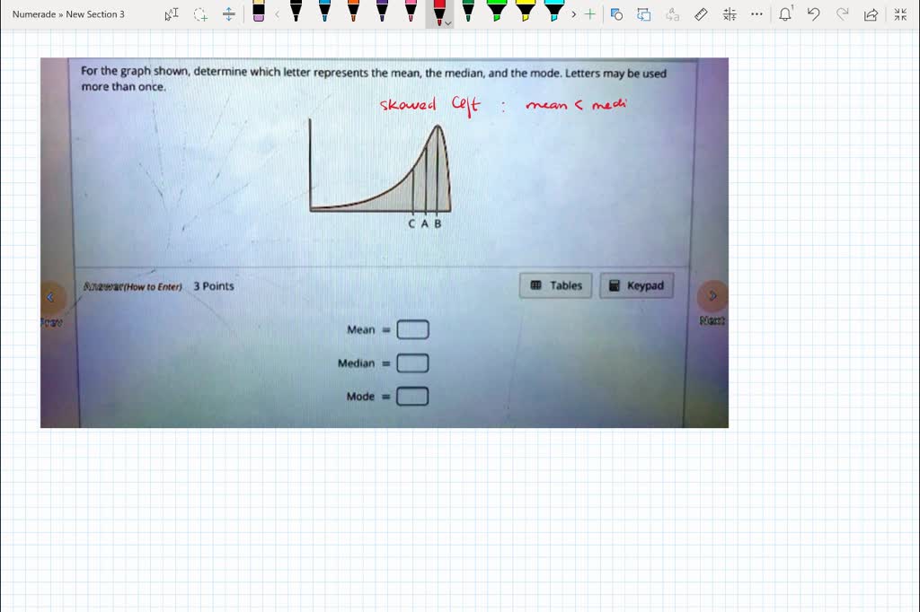 For the graph shown, determine which letter represents the mean, the ...