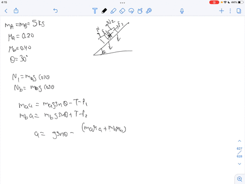 two-blocks-made-of-different-materials_-connected-by-a-thin-cord-slide-down-a-plane-ramp-inclined-at-an-angle-0-to-the-horizontal-see-fig-block-b-is-above-block-a-the-masses-of-the-blocks-ar-52755