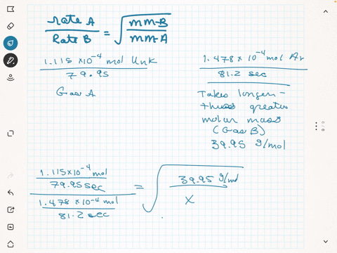 111510-4-mol-of-an-unidentified-gaseous-substance-effuses-through-a-tiny-hole-in-799-sunder-identical-conditions-147810-4-mol-of-argon-gas-takes-812-s-to-effusewhat-is-the-molar-mass-of-the-33836