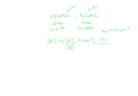 a-buffer-is-made-up-of-239-ml-of-0187-m-potassium-hydrogen-tartrate-khc4h4o6-and-137-ml-of-0288-m-potassium-tartrate-k2c4h4o6-ka-for-h2c4h4o6-is-455-105-assuming-volumes-are-additive-calcula-03647