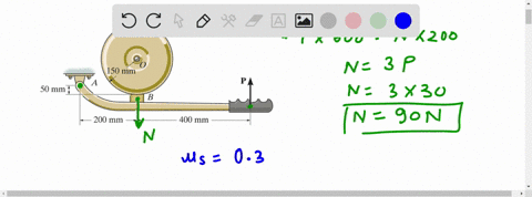 the-block-brake-consists-of-a-pin-connected-lever-and-friction-block-at-b-the-coefficient-of-static-friction-between-the-wheel-and-the-lever-is-hls-03and-a-torque-of-5-ntm-is-applied-to-the-45546